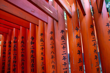 Pasillo de Puertas tradicionales japonesas Torii en Fushimi Inari, Kyoto, Japón