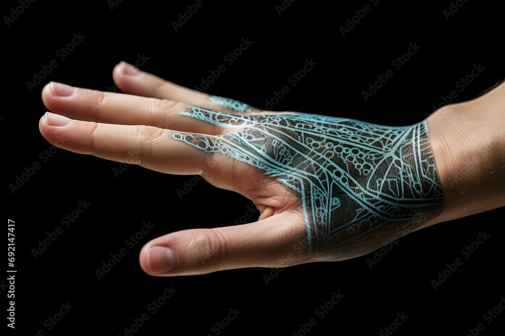 Aufkleber future ai. robotic hand and human-like robot in technological development connecting science