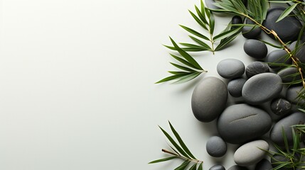 Zen Stones and Bamboo Leaves on a Pristine Background: Harmony in Simplicity and Balance
