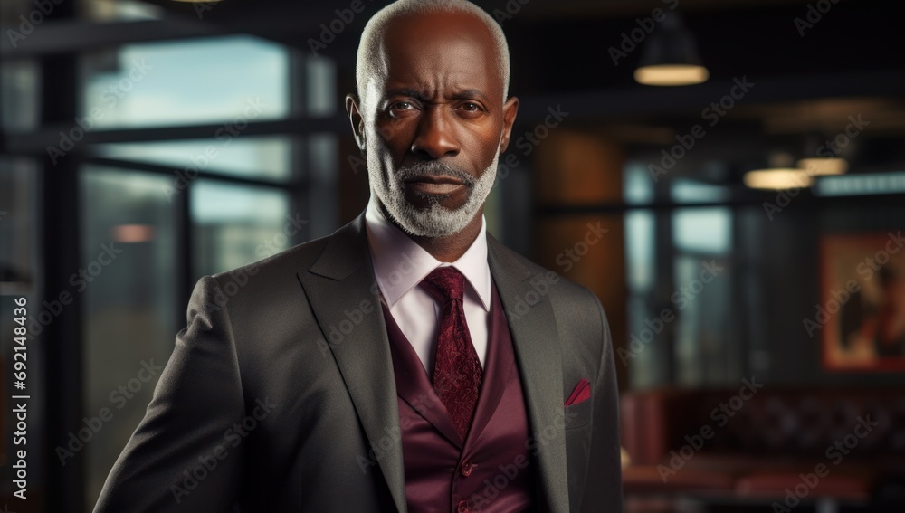 Aufkleber a man in a suit and tie standing in front of a room with large windows and a painting of a man in a 
