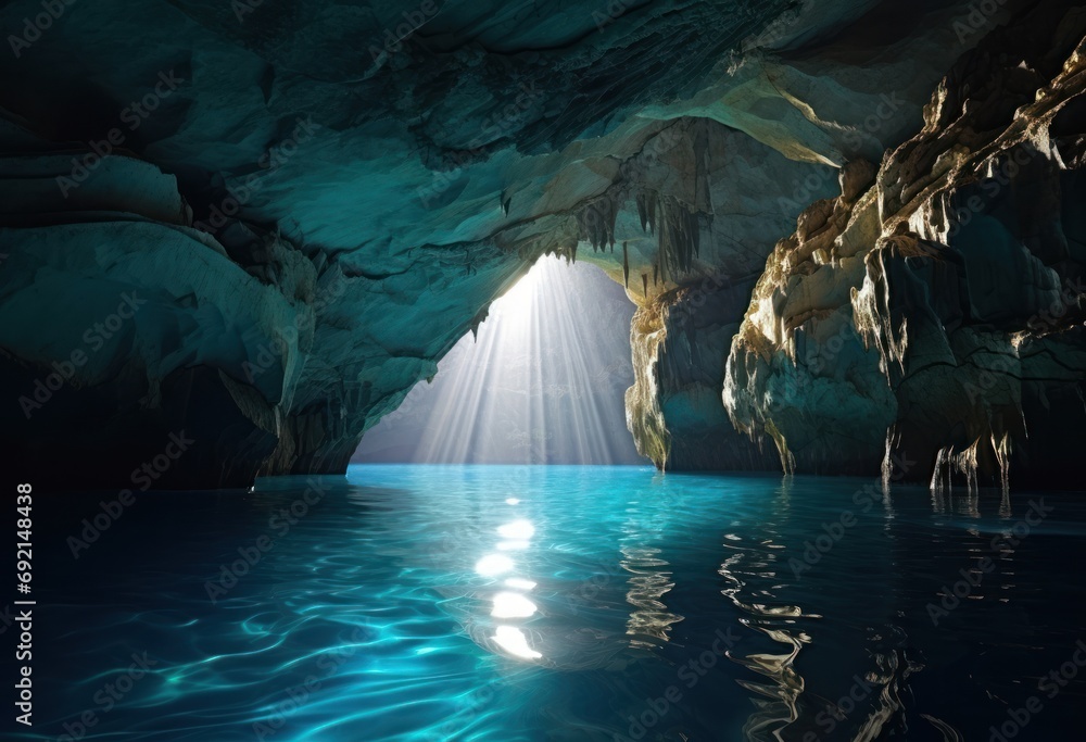 Poster the sun shines through a cave into a body of water with a cave like structure in the middle of it.