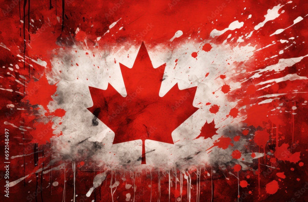 Poster a painting of a canadian flag with paint splatters all over it and a maple leaf on top of it.