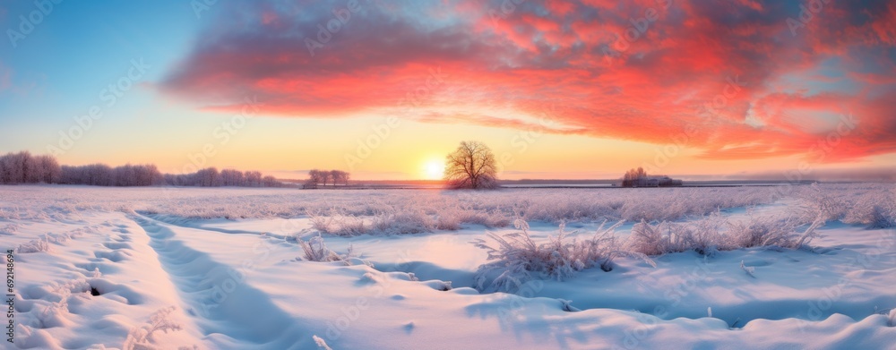 Poster a sunset over a snow covered field with a lone tree in the foreground and a red sky in the backgroun