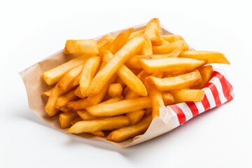 Classic French Fries in Paper Pack - Crispy Snacks for Any Occasion, Isolated on White