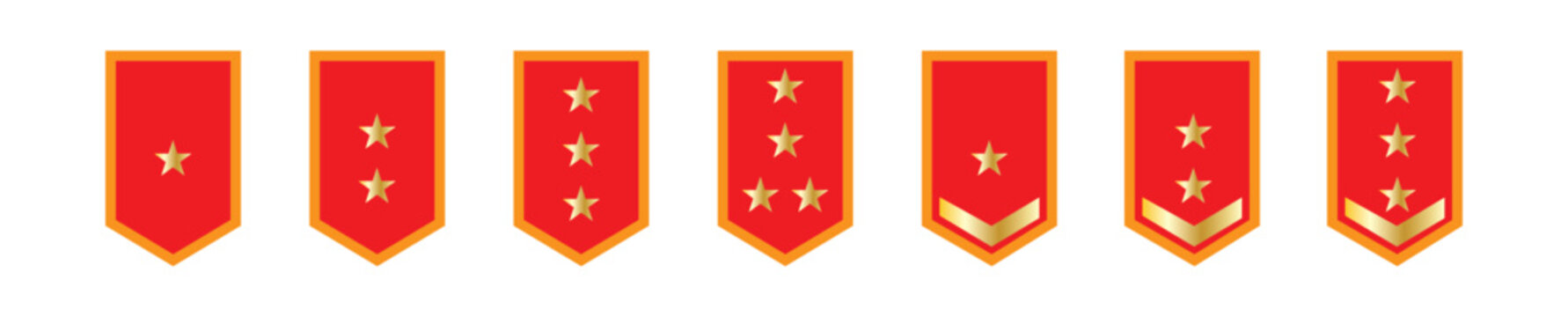 Army Rank Icon. Military Badge Symbol. Chevron Yellow Star and Stripes Logo. Soldier Sergeant, Major, Officer, General, Lieutenant, Colonel Emblem. Isolated Vector Illustration