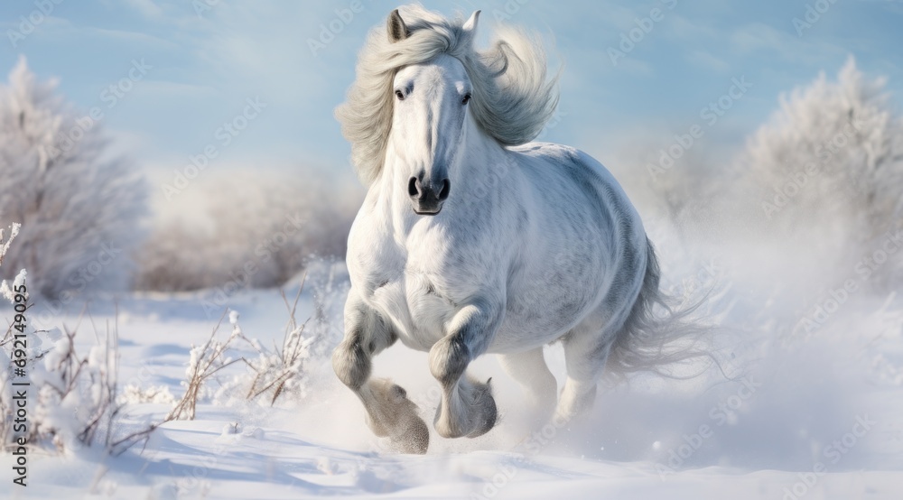 Poster a white horse running in the snow with trees in the background and a blue sky with clouds in the bac