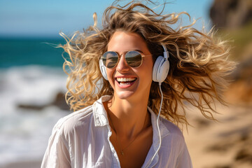 Happy girl with smile enjoying sea beauty while listening to music in headphones on the beach in the rays of the sun.
