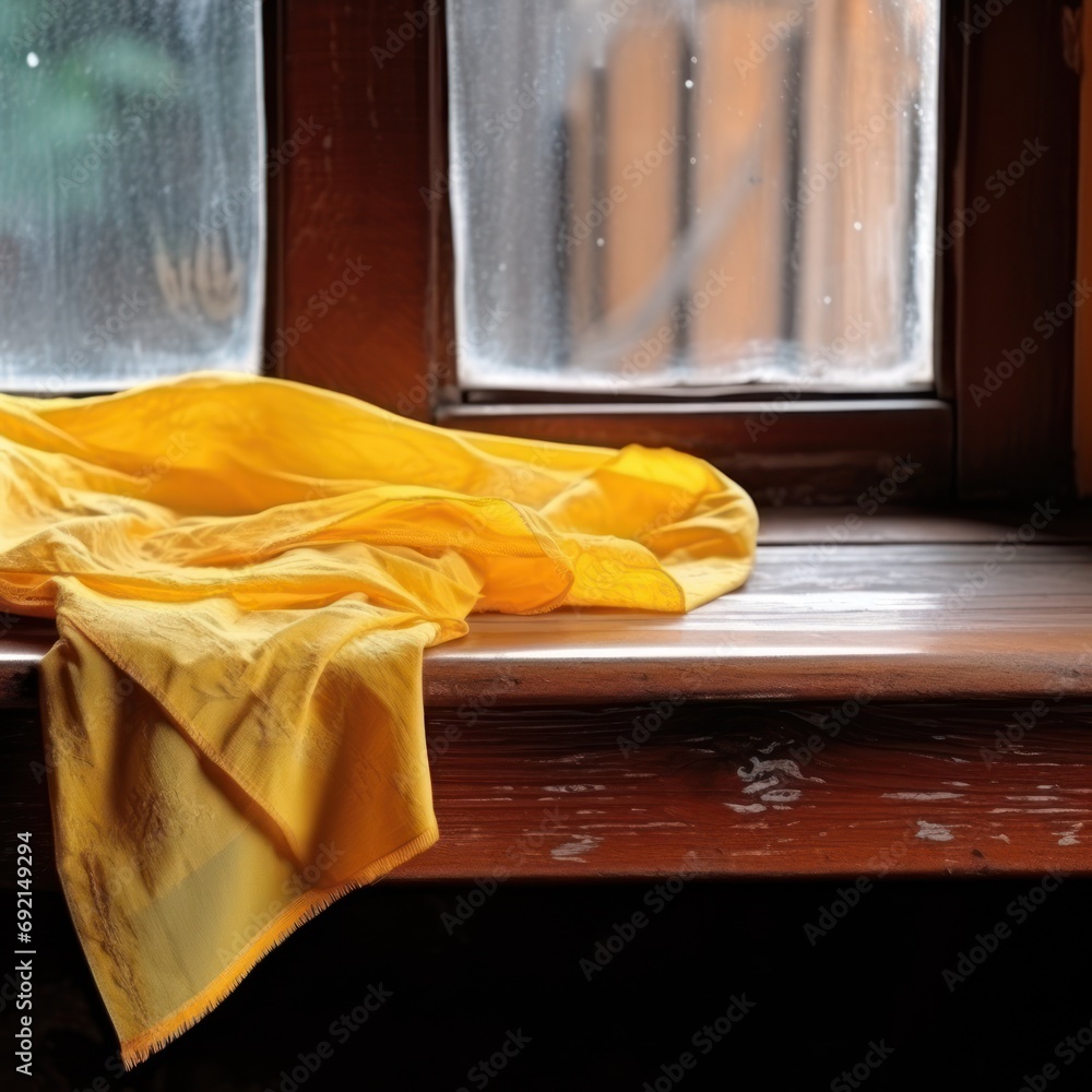 Poster a yellow blanket sitting on top of a window sill next to a wooden window sill in front of a window.