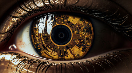Gold bitcoin reflected in someone's eye, AI Generated