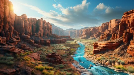 A breathtaking view of a canyon with winding rivers and layers of colorful rock formations