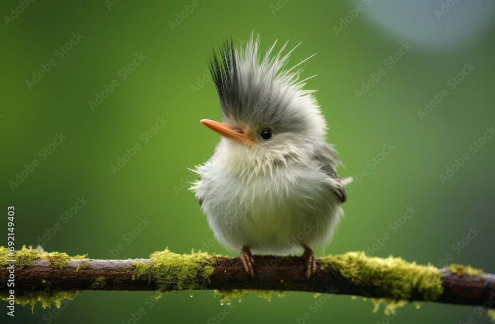 Poster a close up of a small bird on a tree branch with moss growing on it's side and a blurry background.