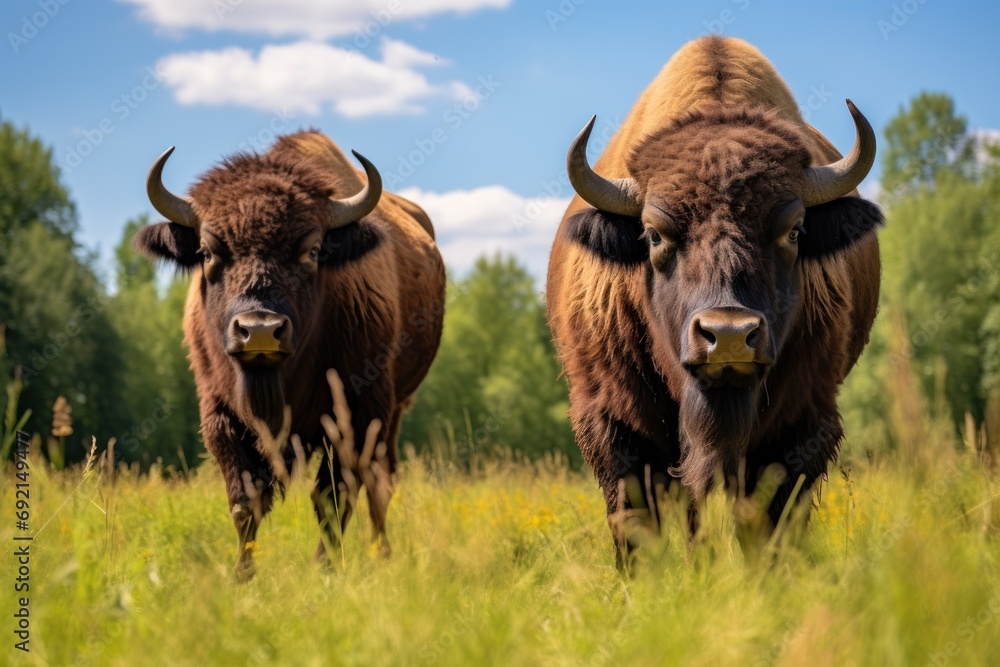 Aufkleber two bison standing next to each other in a field of tall grass with trees in the background and a bl
