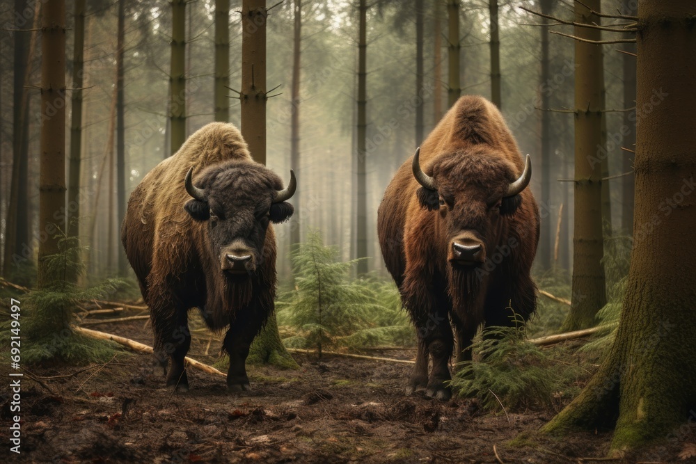 Poster two bison standing next to each other in the middle of a forest filled with tall trees and tall gree