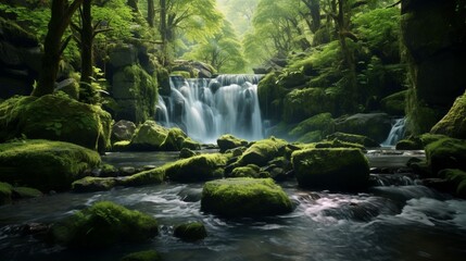 A cascading waterfall surrounded by lush greenery in a hidden valley of the wilderness