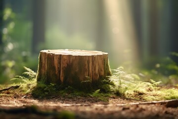  a tree stump sitting in the middle of a forest filled with lots of green grass and sunlight shining through the trees.