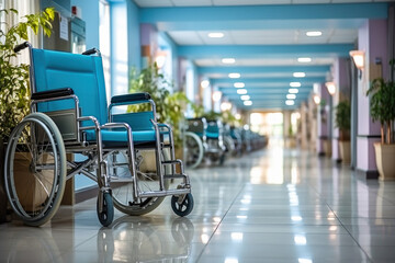 Care & Comfort: Wheelchair in Hospital Corridor - obrazy, fototapety, plakaty