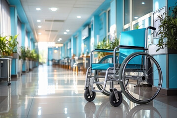 Wheelchair in the hallway, comfort and patient care - obrazy, fototapety, plakaty