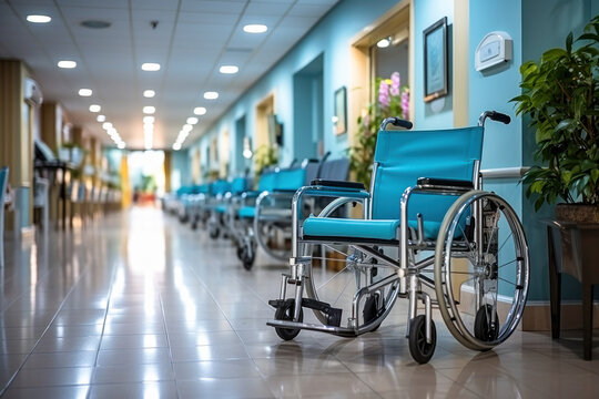 Wheelchair in the hallway, comfort and patient care