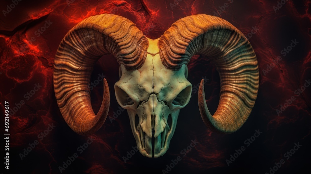 Poster a ram skull with large curled horns on a dark background with red and black swirls in the middle of 