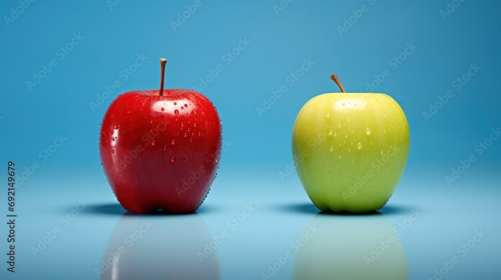 Poster a red and a green apple sitting side by side in front of a blue background with a reflection on the 