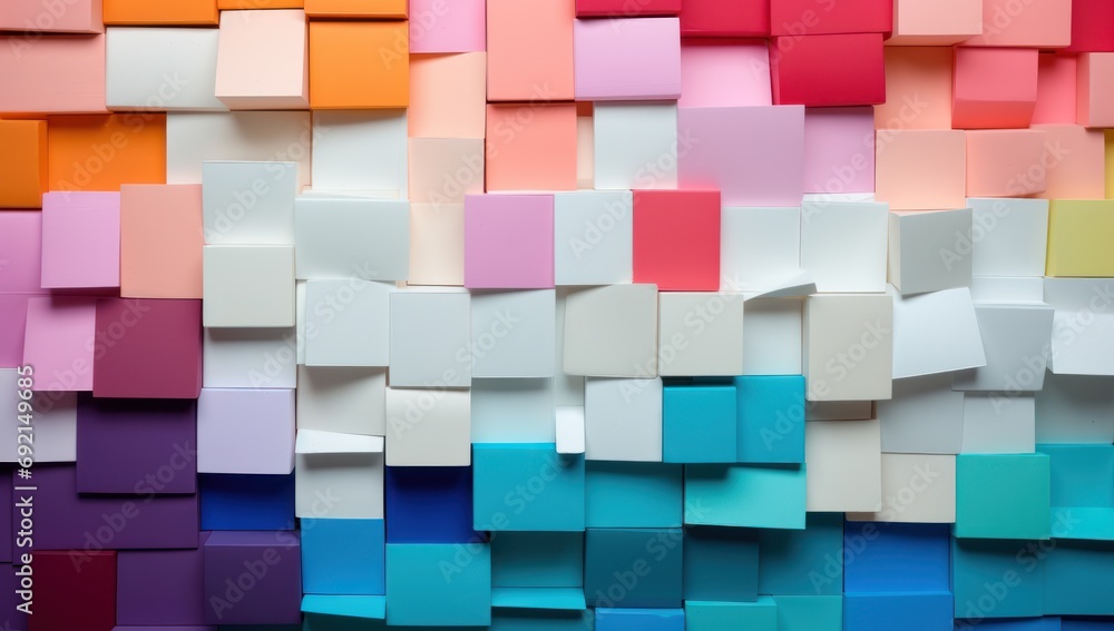 Poster a multicolored wall with lots of different colored blocks of paper on top of each other in different