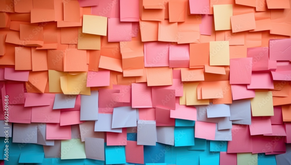 Poster a wall made up of many different colored pieces of paper with different shapes and sizes of papers s