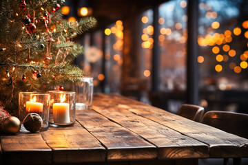 Wooden table with decorated Christmas tree on the background of holiday lights