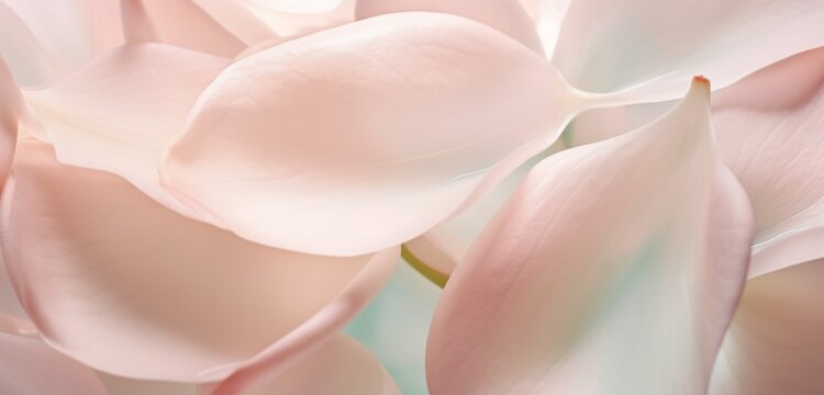 Extreme close-up of delicate flower petals, subtle mint greens and pale blush pinks, in the style of botanical photography, 