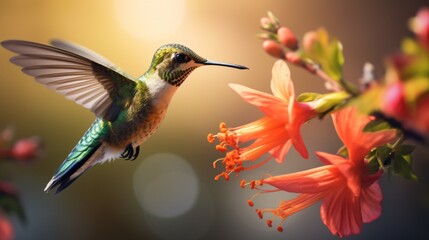 A close-up of a hummingbird sipping nectar from a brightly colored blossom