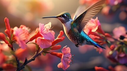 Fototapeta premium A close-up of a hummingbird sipping nectar from a brightly colored blossom