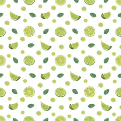 Ripe juicy lime slices and green mint leaves. Seamless pattern isolated on white. Watercolor illustration of fresh citrus. For room decor, textile, print wrapping, scrapbook.