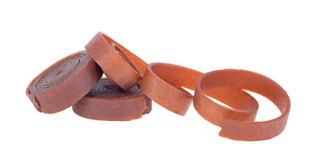 Natural and healthy snack food - fruit pastille from apples, raspberry and currant on a white background. Fruit Marshmallow.