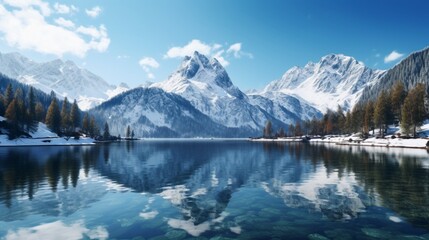 A crystal-clear mountain lake reflecting the snow-capped peaks in the distance