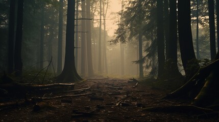 A dense fog rolling through an ancient, mysterious forest at dawn