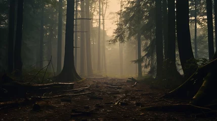 Zelfklevend Fotobehang Mistige ochtendstond A dense fog rolling through an ancient, mysterious forest at dawn