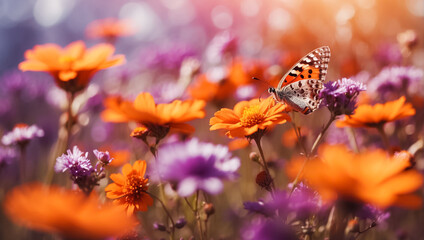 Summer meadow with magnificent flowers, butterfly banner