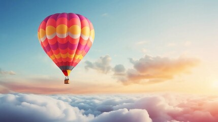 Naklejka premium Flying balloon in fairy-tale clouds, magical balloon journey