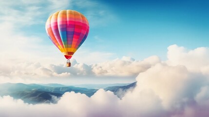 Naklejka premium Flying balloon in fairy-tale clouds, magical balloon journey