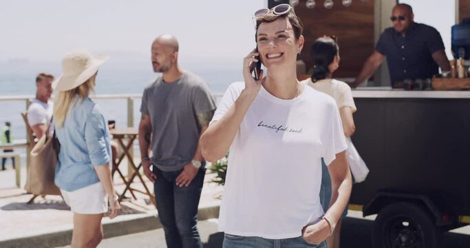 Business, Phone Call And Talking Outdoor At Food Truck, Beach And Networking With Smile. Woman, Speaking And Owner Of Startup With Happy Conversation On Smartphone And Manager With Communication