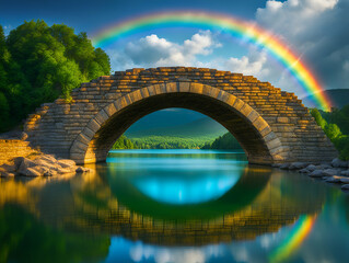 Rainbow over old stone bridge and river - Generative AI - obrazy, fototapety, plakaty