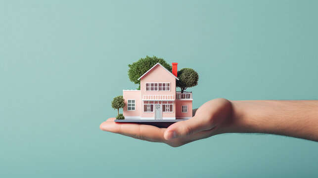 Human hand presenting small, Eco-friendly house model, Emphasizing themes of sustainable living and real estate investment, AI Generated