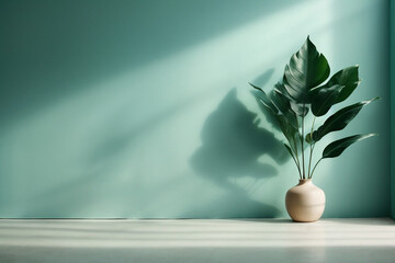 Minimal awesome realistic abstract light teal background for product presentation. Shadow of pulm leaf and light from windows on plaster wall 