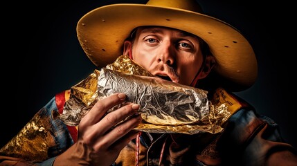 A man wearing a cowboy hat made of tacos, eating a burrito - obrazy, fototapety, plakaty