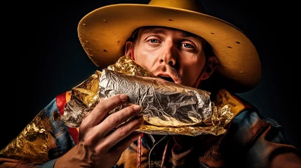 Fotobehang A man wearing a cowboy hat made of tacos, eating a burrito © Artur