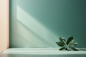 Minimal awesome realistic abstract light teal background for product presentation. Shadow of pulm leaf and light from windows on plaster wall 
