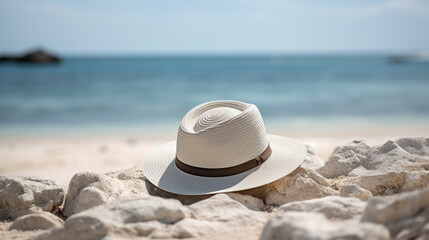 Fototapeta na wymiar Bright and summery depiction of mock-up hat against isolated beach background, AI Generated