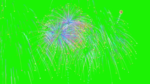 3D animation of colorful fireworks on a green screen. Holidays and congratulations concept.