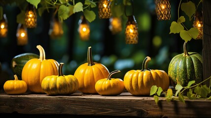 Serene Autumnal Scene with Various Pumpkins on a Wooden Bench Under Hanging Lantern Lights