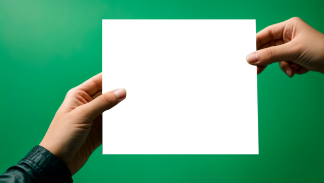 hands holding a sheet of paper on a green background png 