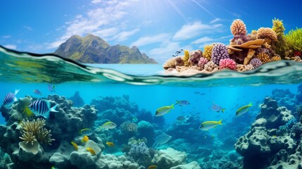 A panorama of a vibrant coral reef with exotic fish swimming in crystal-clear waters
